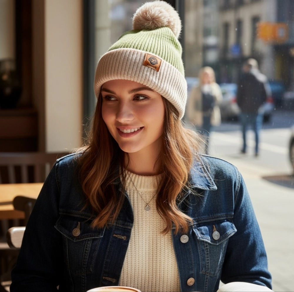 POMPOM TWO TONES BEANIE PISTACHIO COLOR